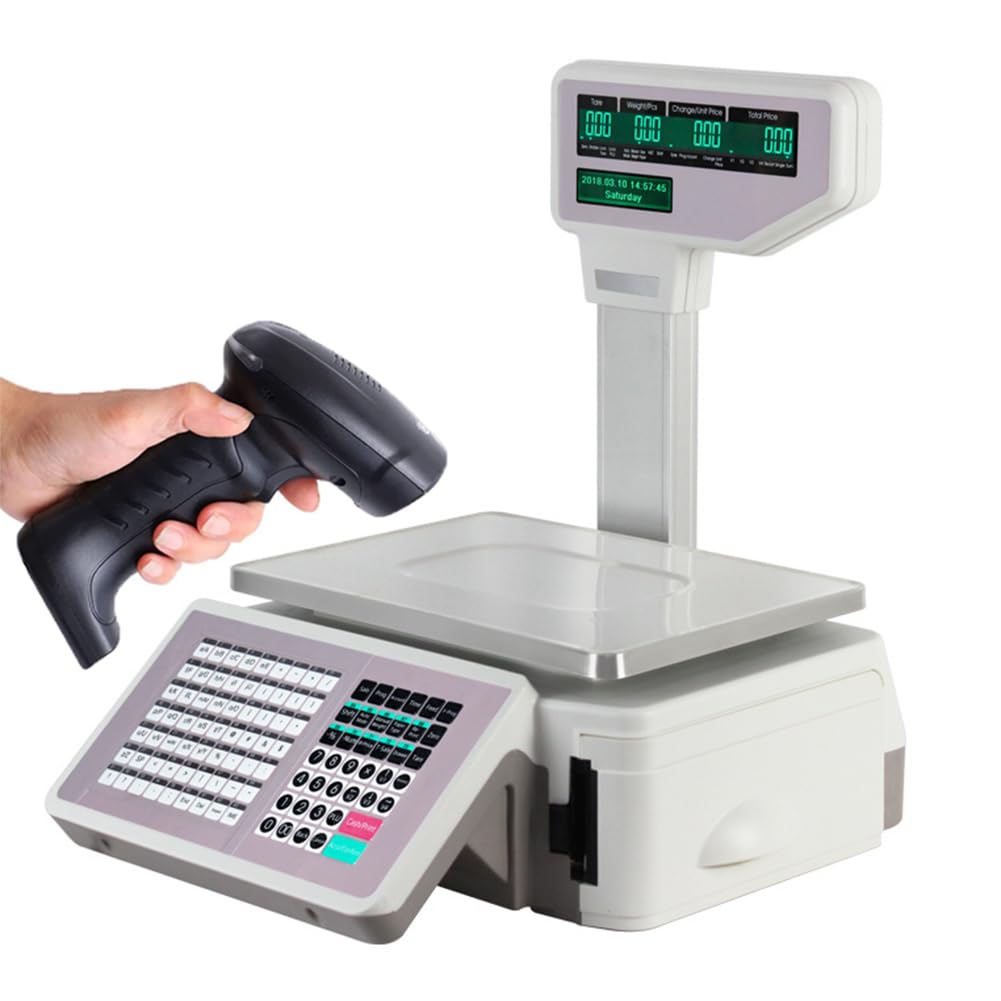 Eiwitany Digital Price Label Scale with Barcode Scanner, Double-Sided LCD, Electronic Cash Register for Supermarkets & Convenience Stores