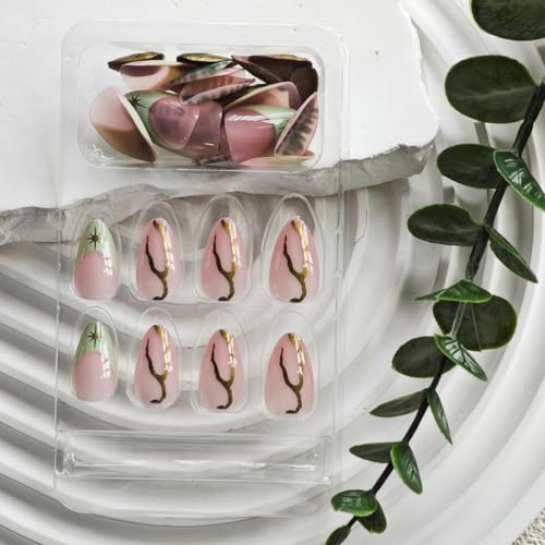 Image of Green French Tip Press on Nails Short Almond Fake Nails Gold Line False Nail with Design Star Glue on Nails Glossy Artificial Acrylic Nail Full Cover Nude Stick on Nail for Women Manicure 30Pcs