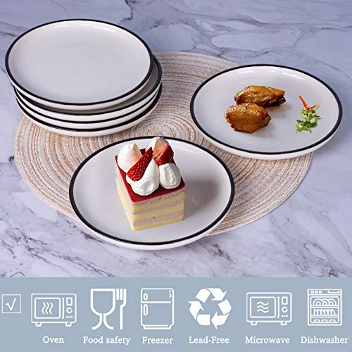 Aquiver 6'' Ceramic Dessert Plates - Porcelain Classic White Appetizer Plates With Black Edge - Tea Party Small Serving Plates For Cake, Pie, Snacks, Ice Cream, Side Dish, Waffles - Set Of 6 #TOP2