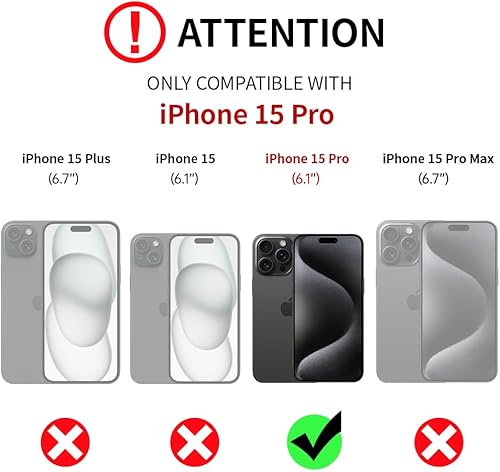 Miniatura 2 de LAMEEKU Funda para iPhone 15 Pro, funda tipo cartera cruzada con soporte para tarjetas, funda acolchada de cuero con cremallera y ranuras para