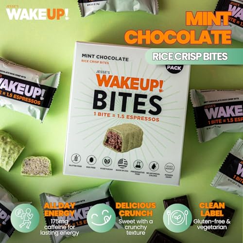 Image of WAKE UP! Mint Chocolate Caffeinated Protein Bites (1 Bite = 1.5 Espressos) 175mg Clean Caffeine for Energy, Focus & Happy Mornings Gluten-Free, Kosher Ingredients, Vegetarian, Free Energy 4 Pack (32 Bites)