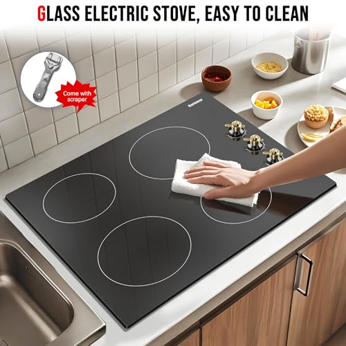 Image of Karinear 24 Inch Electric Cooktop 4 Burners Electric Stove, Knob Control | 6000W High Power Radiant Ceramic Cooktop, Built-in Design, 220-240V Hardwire, No Plug, Overheat Protection(Gold Knob)