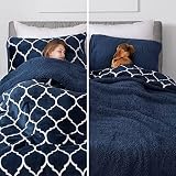 Kaisa Sherpa Fleece Bedding Comforter Set King Size 3 Pieces, Reversible Fluffy Warm Comforter for Winter with 2 Pillow Shams, Flannel Thick Bedding Set, 104 x 88 Inches, Navy Blue