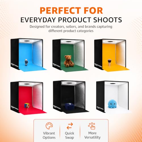 Image of Amazon Basics Portable Light Box 40x40cm, Professional Dimmable Photo Box with 6800K LED Lights, High CRI, 5 Color PVC Backdrops, for Jewellery & Small Product Photography