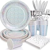 Gudvilla Iridescent Plates Party Supplies-168pcs Iridescent Party Decorations includes Holographic Plates Silver Dot Napkins and Silverware Set for Disco Winter Birthday Party Decorations Serves 24