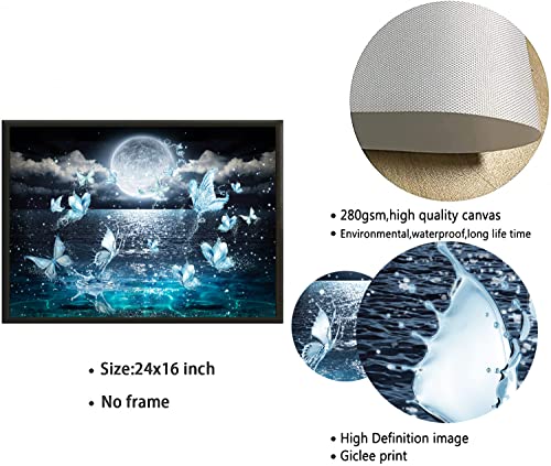 Blue Moon Butterfly Wall Art Ocean Landscape Picture Canvas Print Poster Modern Wall Art Decoration Contemporary Artwork Prints Paintings For Living Room Bathroom Bedroom Home Decorative For Christmas Festival Birthday Gifts 16X24Inch, No Frame #TOP6