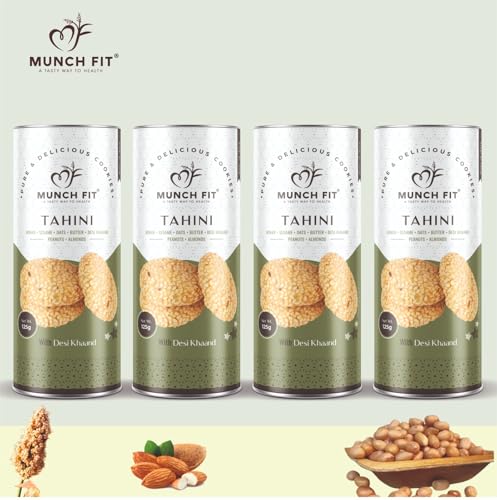 Image of Munch Fit Jowar Sesame Oats Tahini Cookies | Egg Less Cookies Made with Desi Khand 125gm Pack of 4 | Healthy Multigrain Cookies | High Protein, Fiber Gluten Free | Natural Snack for Tea, Coffee & Kids