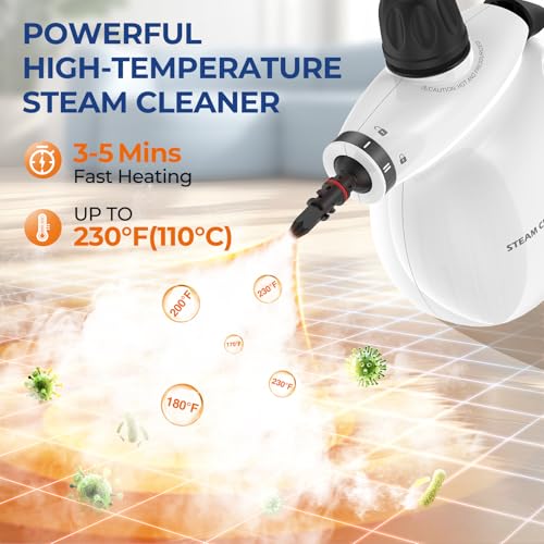 Image of Steam Cleaner, Pressurized Handheld 13pcs Multi-Purpose Natural Deep Cleaning Steamer, Portable Steamer for Cleaning Home, Grout, Kitchen, Car, Window, Upholstery, Bathroom and Clothes, White