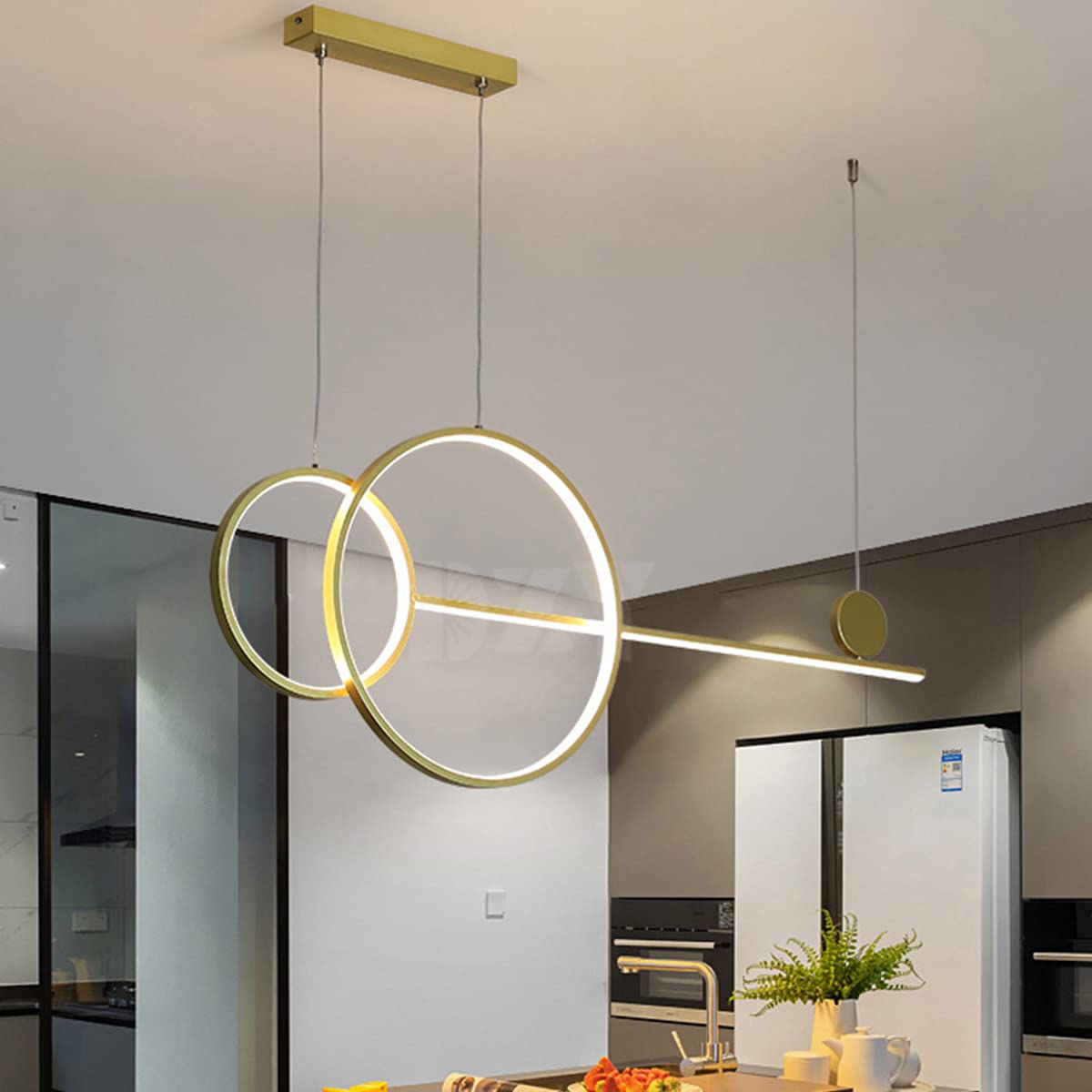 Bellastein LED Dining Table Pendant Lamp with Remote Control Dimmable Chandelier Modern Linear Pendant Lamp Height Adjustable 48W Creative Ceiling Lamp for Living Room, Dining Room (Gold, B)