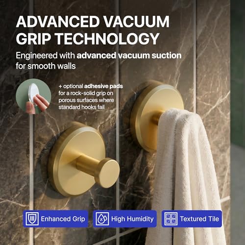Image of HOME SO Suction Cup Hooks for Shower & Bathroom Towel Holder 2-Pack - Suction Cups Hooks for Hanging Towels, Robes, & Coats - Tiles, Glass Door or Mirror - Shower Hooks & Towel Hooks Organizer - Gold