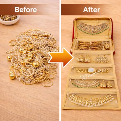 Image of Trendifly Embroidery Sling Jewellery Organiser Storage Bag Pouch for women & girls | Bank Locker jewelry Organizer | Earring Necklace Bangles Organiser for Travel & Gifting (Red)