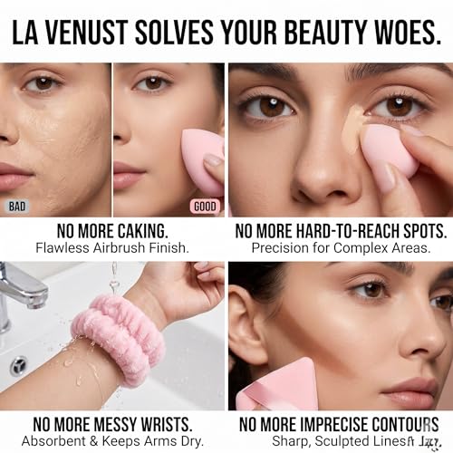 Image of 20pc Essential Makeup Sponge Kit Set - Soft-Touch Makeup Sponges for Cream & Liquid - Aesthetic Bow Spa Set & Wristbands - Under-Eye Precision Puffs & Blender Cleaner - Complete Beauty Organizer Kit for Girls & Women (Baby Pink Edition)
