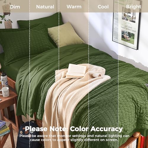 Image of HYMOKEGE Olive Green Twin XL Comforter Set Seersucker 5 Pieces, All Season Luxury Bed in a Bag for Bedroom, Bedding Set with Comforter, Sheets, Pillowcase & Sham