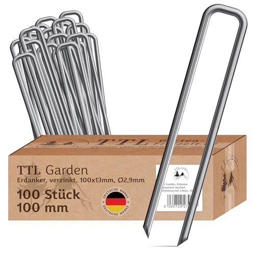 TTL GARDEN 100x Erdanker 100 x 13 x 2,9 mm - verzinkte & gehärtete Carbon Stahl Bodenanker Heringe für Unkrautvlies, Gartenvlies, Zaun, Vogelschutznetz, Camping - Anti-Rost robust rostfrei