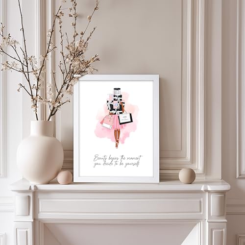 Image of Poster Master Lady with Shopping Bags Poster - Fashion Print - Trendy Art - Modern Art - Gift for Women & Fashionista - Luxury Haute Couture Decor for Bedroom or Girl's Room, 8x10 White Framed