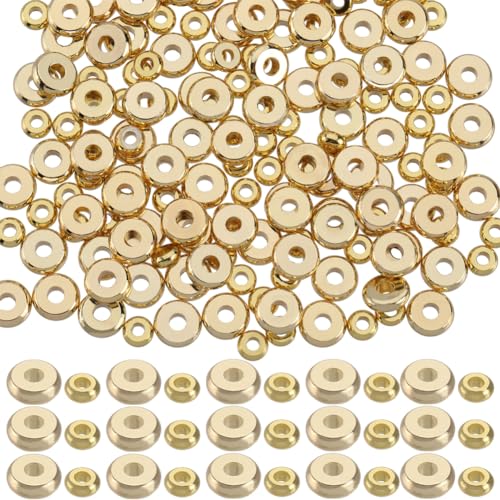 SUNNYCLUE 1 Box 200Pcs Gold Spacer Beads 4mm 6mm Real 18K Gold Plated Brass Beads Bulk Flat Round Golden Heishi Disc Beads Small Thick Rondelle Loose Spacer Beads for Jewellery Making Beading Supplies