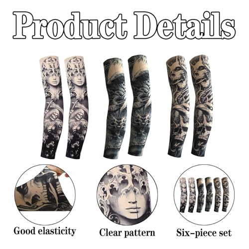 6 Stück Fake Tattoo ärmel Herren Set,Armstrumpf Strumpf Temporäre Tätowierung,Sleeve Kinder Outdoor Tatoo Schutz,Sonnencreme Abdeckung,Abdeckärmel,für Fasching Party,Rockstar Kostüm,Karneval,Halloween