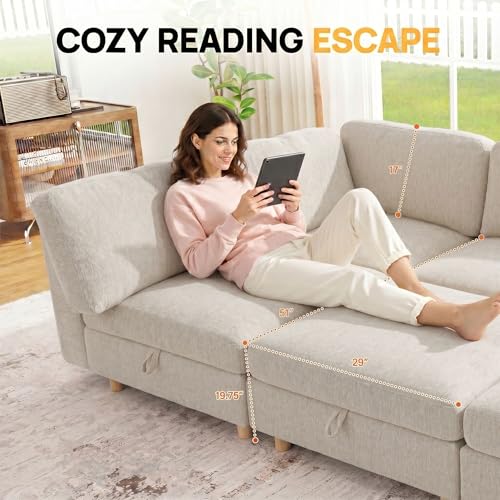 Image of 157 inch Modular Sectional Sleeper Sofa, 10 Seaters Chenille Modular Sectional Sofas, Sleeper Sofa Bed with Storage & Ottoman, Sleeper Couch with Removable Covers, Beige Sectional Couches for Living Room