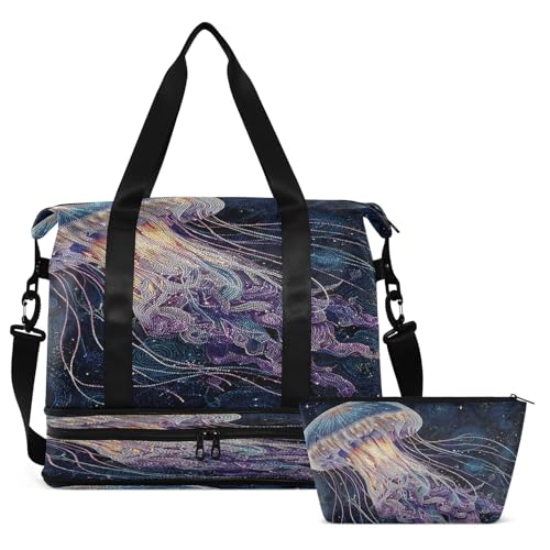 Jellyfish Black Duffel Bag for Women Men Gym Bag with Shoe Compartment Wet Pocket Carry On Weekender Overnight Bags for Airline Travel Under Seat