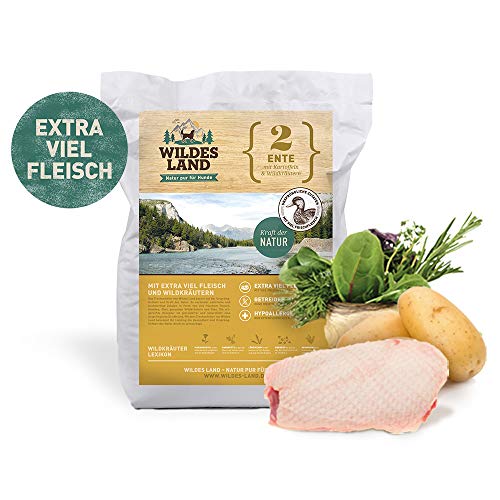 WILDES LAND – Ente | Trockenfutter mit extra hohem Fleischanteil und natürlichen Zutaten für ausgewachsene Hunde. Alleinfutter ohne Zusatzstoffe im Beutel | 12kg Ente