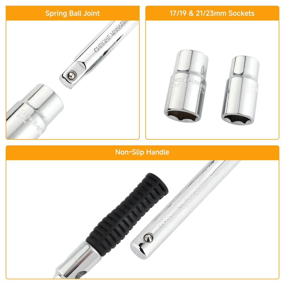 Hoteche Llave combinada para tuercas de rueda, llave cruzada – Varilla CRV, acero al cromo vanadio, 17 x 19 y 21 x 23 tuercas, incluye bolsa de tela Oxford 600D, herramienta profesional de cruz para