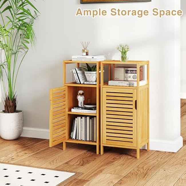 Kinfant Bamboo Bathroom Floor Cabinet Furniture Set of 2 - Free-Standing Storage Cabinet with Single Door and Shelf