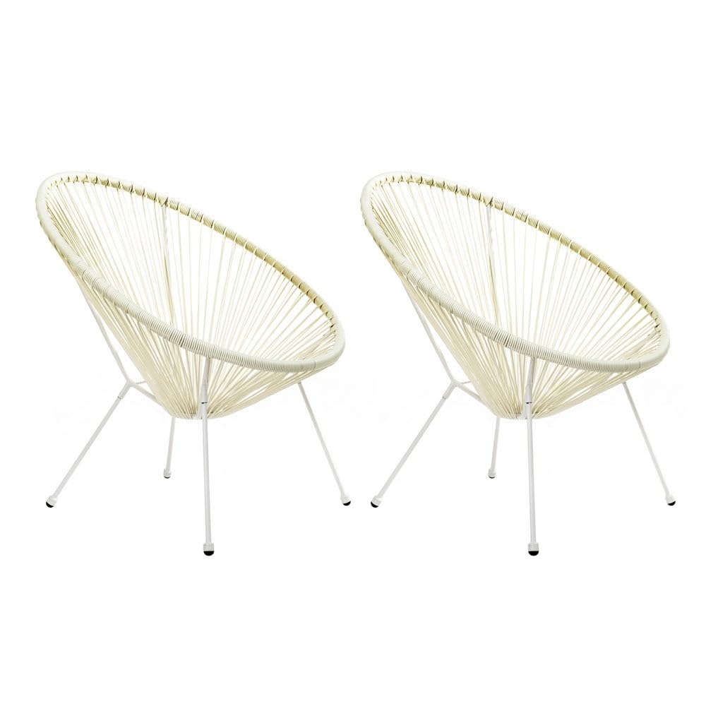 LOLAhome Pack 2 Sillones de jardín Acapulco Blanco Roto| Cuerdas de Rattan PE y Acero | 72x77x84 cm | con Topes de Goma, Resistente hasta 120kg | para Interior y Exterior, Jardín, Terraza | Acapulco