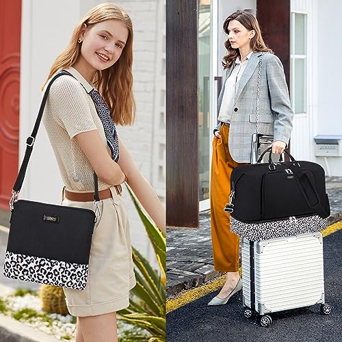 Image of Travel Weekender Bag for Women, 21 inch Overnight Bag with Shoe Compartment 50L Large Travel Duffel Bag Carry On Tote for Weekend, Overnight, Business Trips, Water Resistant, Q- Black&Leopard, Large