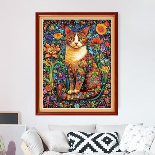 Image of Foxdiviy Stamped Cross Stitch Kits for Beginners Full Range of Cross Stitching 11 CT Printed Cross Stitch Kits for Adults Cross Stitch Patterns Needlepoint Kits-Flower Cat 16x20 inch