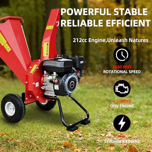 Wood Chipper Shredder Mulcher, 7 HP 212CC Gas-Powered Heavy Duty Garden Chipper, 3-Blade Disc Cutter, 15:1 Reduction Ratio for Branches Twigs, Ideal for Orchard Yard Farm Courtyard - Image 2