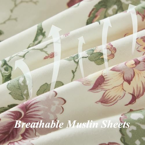 Image of FADFAY 100% Cotton Double Gauze Sheets Set Queen Size, 4 Piece Breathable Muslin Bedding with Deep Pocket Fitted Sheet, Vintage French Country Floral Print, Soft Pre-Washed Bed Sheets (Queen, Rose)