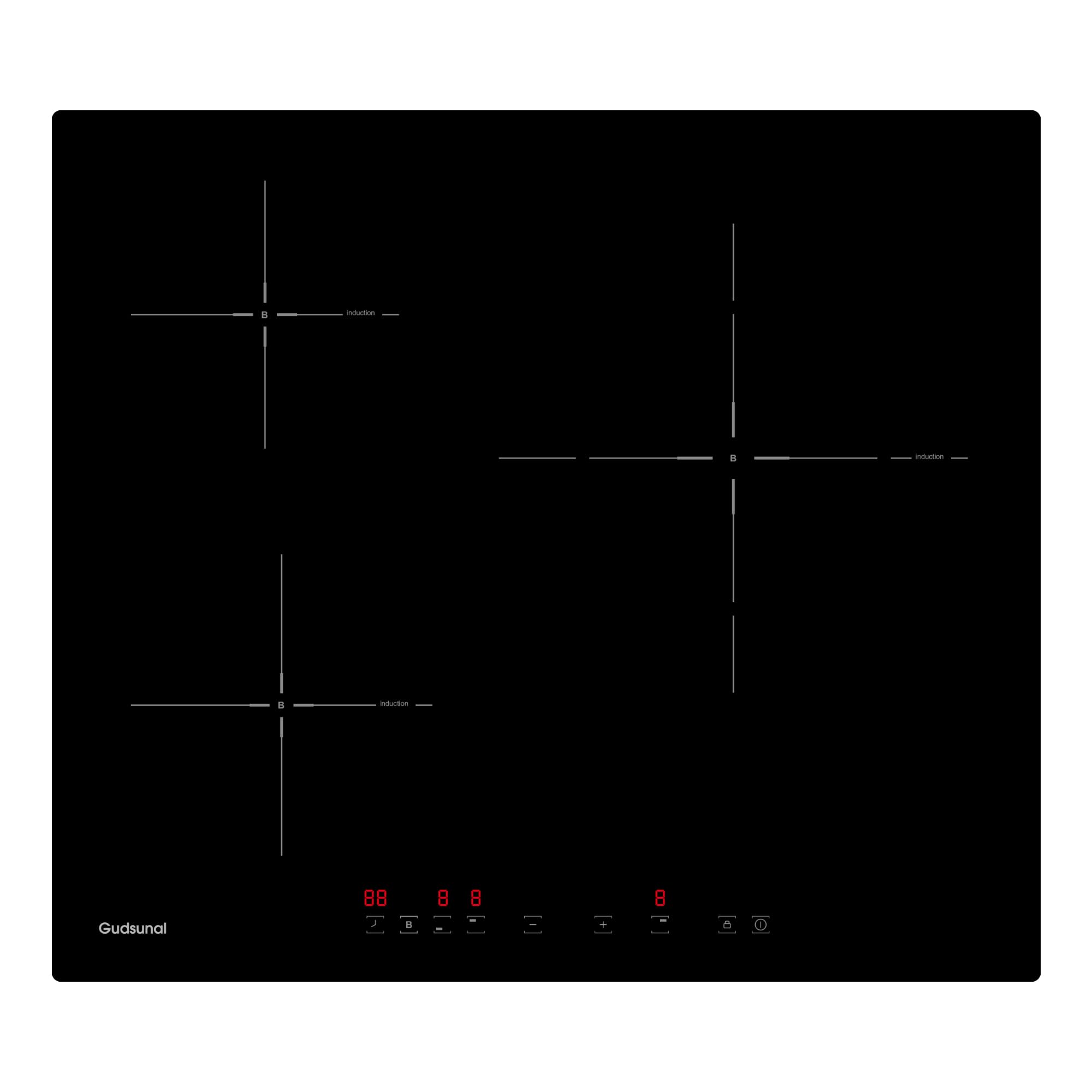 Gudsunal Placa Inducción 3 Fuegos 7200W, Vitrocerámica Inducción, Zona de 28 cm, Calentamiento Continuo, Booster, 9 Niveles, Temporizador, Apagado Automático, Bloqueo Infantil, Sensor de Sartén