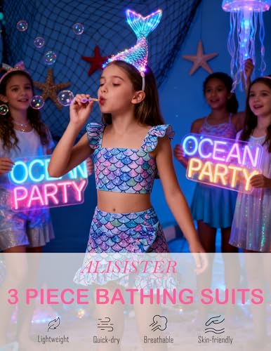 Image of ALISISTER Girls Swimsuit 3 Piece Bathing Suits Summer Bikini Tankini Sets with Cover Up Skirt for 4-12 Years
