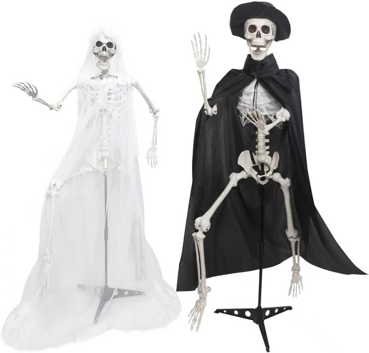 2PC 5.4Ft Life Size Skeletons with Stand Gothic Skeleton Bride and Groom Plastic Skeleton with Movable Joints for Halloween Party Haunted House Front Lawn Decoration Gray 5.4ft