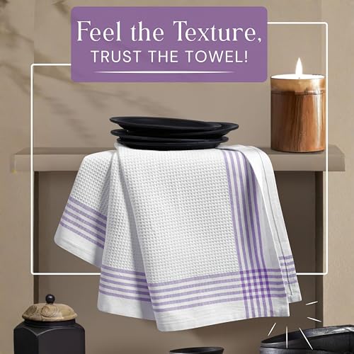 Image of Waffle White & Lavender Kitchen Dish Towels 4 Pack, 100% Cotton, 16 inchx26 inch, Thick Hand Towel for Drying Dishes, Quick Dry Washcloths, Perfect for Bar, Cooking, Serving, Cleaning