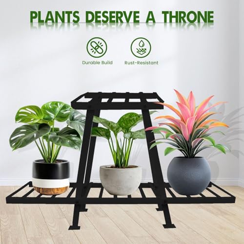 Image of Oriley 2-Tier Plant Stand Anti-Rust Metal Flower Pot Holder Outdoor and Indoor Planters Gamla Stands for Balcony & Living Room Home Decor (Pack of 1, Black)