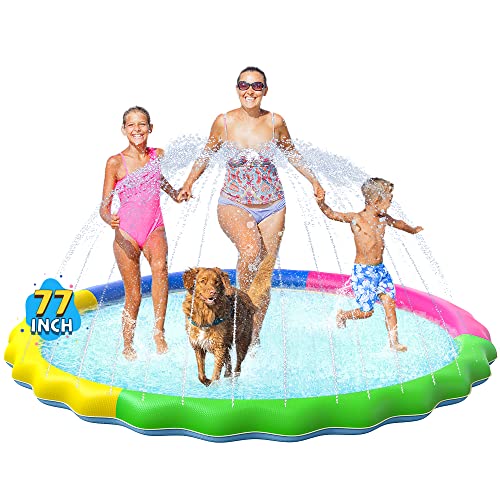 Image of Non-Slip Splash Pad for Kids, Thicken Sprinkler Pool Summer Outdoor Water Toys - Fun Backyard Fountain Play Mat for Baby Girls Boys Children or Pet Dog (77 inch, Red&Yellow&Green&Blue)