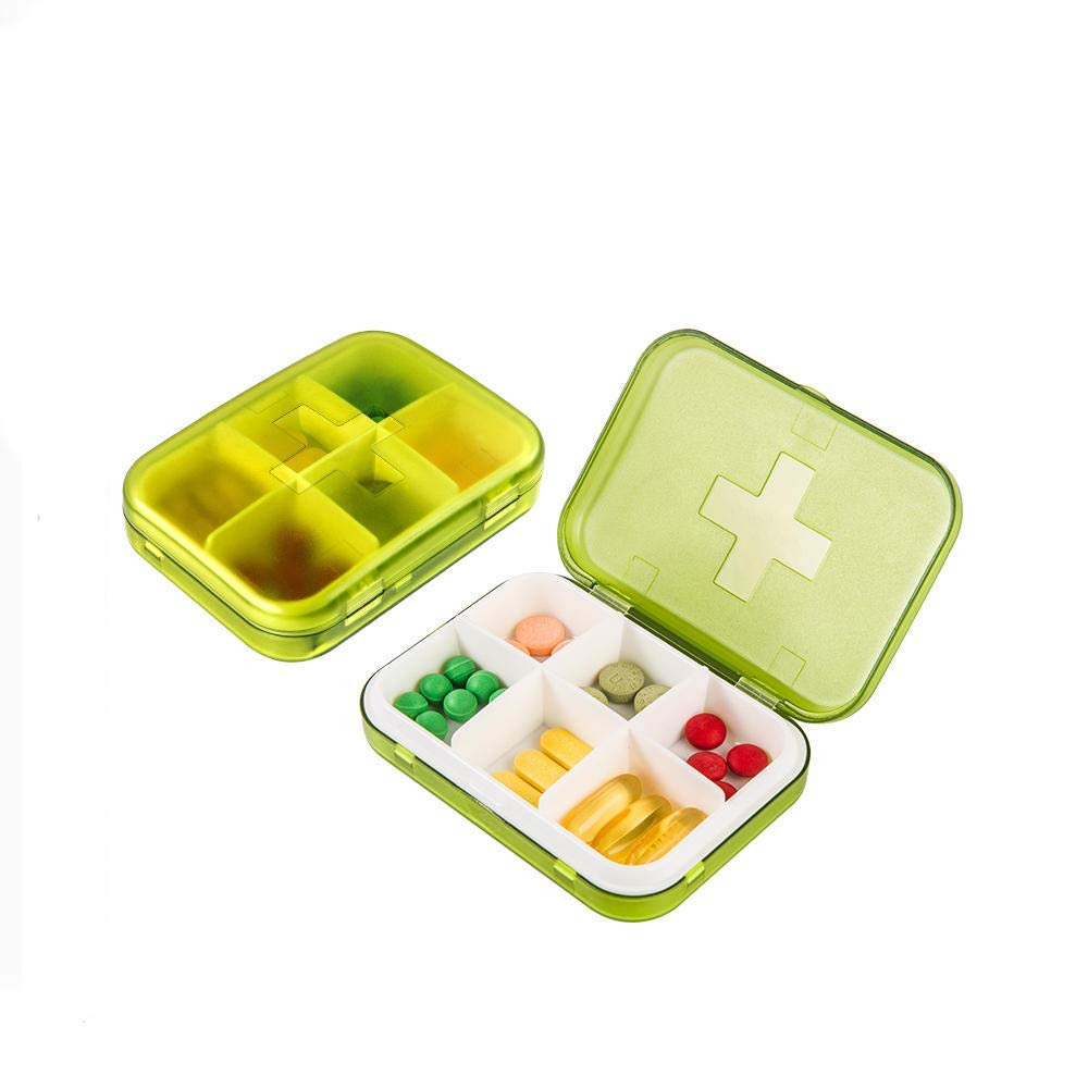 Pastillero con compartimentos extraíbles que se pueden utilizar en carteras y bolsillos Pastillero con vitaminas, aceite de pescado, suplementos y medicamentos, 6 rejillas, verde × 2