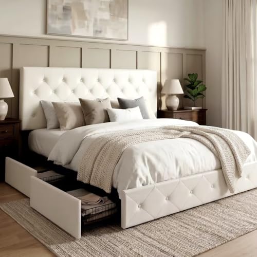 Image of Allewie King Size Platform Bed Frame with 4 Storage Drawers and Headboard /Upholstered Diamond Stitched Button Tufted /Wooden Slats Support /Mattress Foundation /No Box Spring Needed /White
