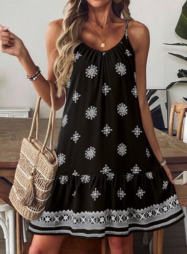 Image of Dokotoo Summer Dresses for Women 2026 Spaghetti Strap Sexy Deep V Neck Smocked Ruffle Flowy Boho Dresses