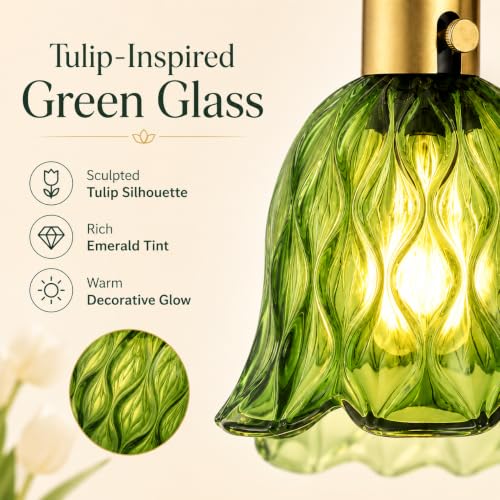 Image of Vintage Gold Wall Sconces - Hardwired Wall Mounted Light Fixtures with Clear Green Tulip Glass Lampshade, 2 Usage Methods Wall Light fixtures for Bathroom Mirror Living Room Hallway Bedroom Wall Decor