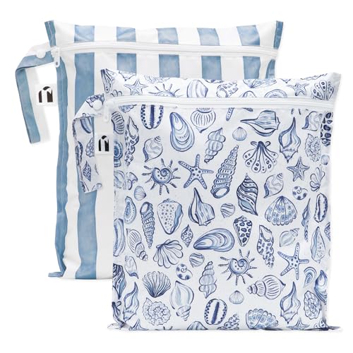 Image of Bumkins Roamio - Waterproof Wet Bag - For Baby, Travel, Swim Suit, Cloth Diapers, Pump Parts, Pool, Gym, Toiletry, Strap to Stroller - Reusable & Easy to Clean - 2pk - Blue Stripes & Shells