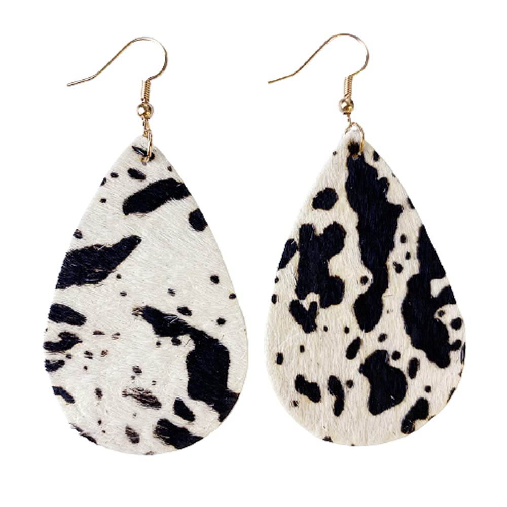 Leather Teardrop Hook Earrings Handmade Lightweight Floral Cow Print Earring Dangle Drop Earring for Women Girls