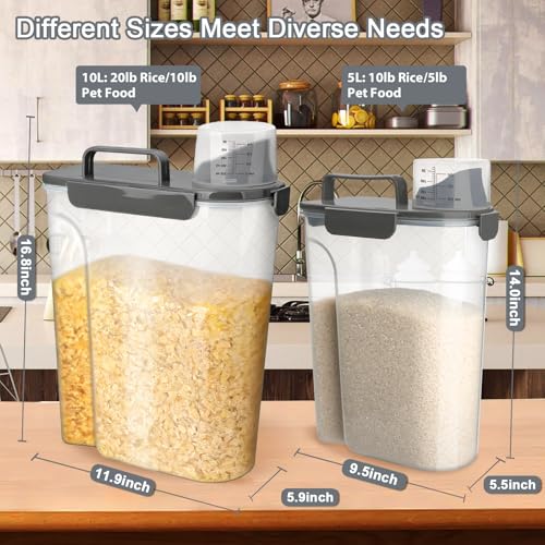 Image of Komzon Rice Storage Containers, Airtight Cereal Containers Storage, BPA Free Rice dispenser for Flour, Pasta, Grain and Baking, Pet Dog Cat Bird Food Container 20lb+ 10lb Grey
