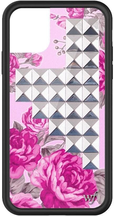 Wildflower Fundas  Rosa floral con funda pirámide plateada, compatible con Apple iPhone 11  Lindo, rosa, tachuela, floral  Protector negro