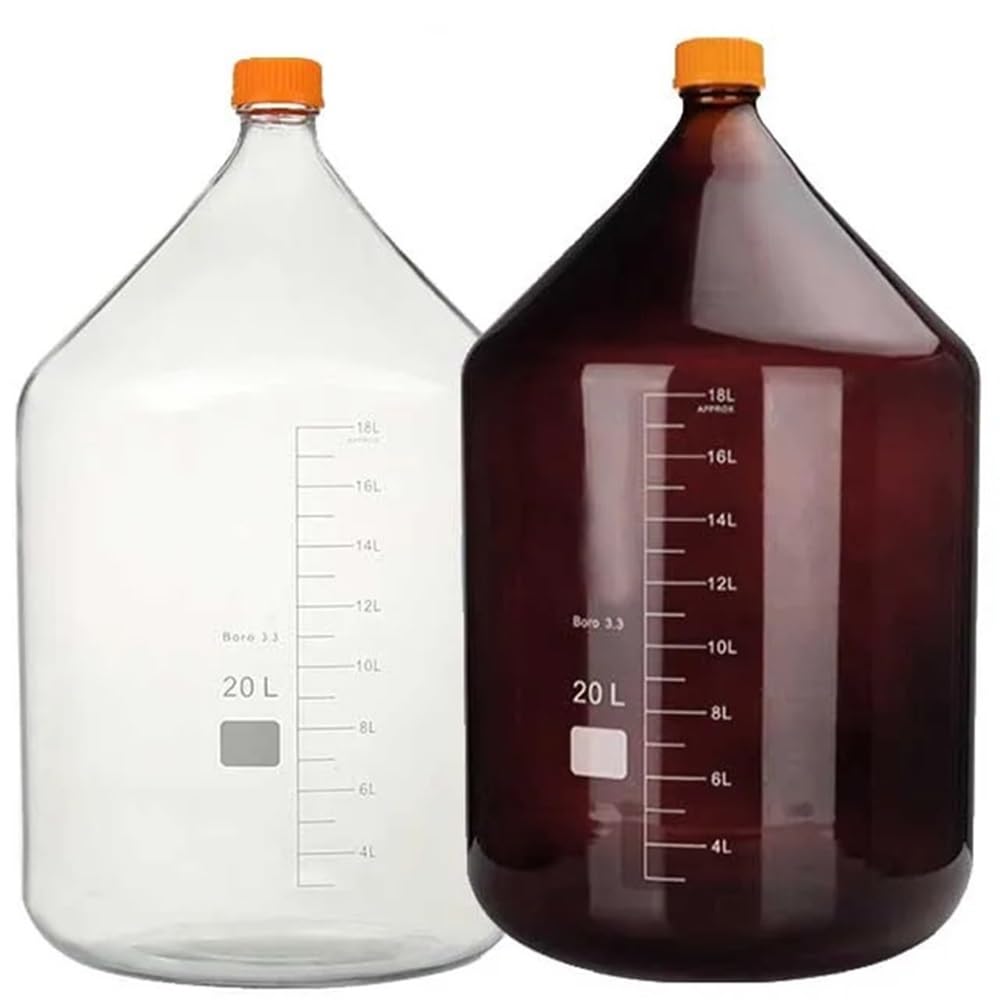 Botella de vidrio transparente marrón GL45 de 10 l y 20 l con tapa naranja de laboratorio