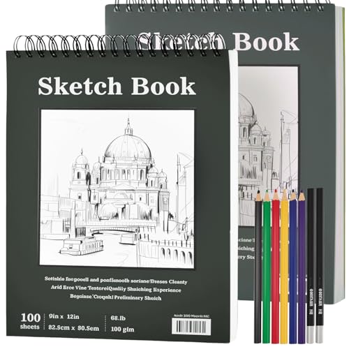 Reviews de Blocs y cuadernos de dibujo . 46 2Pcs Cuaderno de Bocetos, 9'x12'Sketchbook Dibujo con 8 Lápices, Block de bocetos,100 Hojas 68lb/100gsm, Libreta de Dibujo Profesional con Papel sin ácidos, Perfecto para Dibujo.
