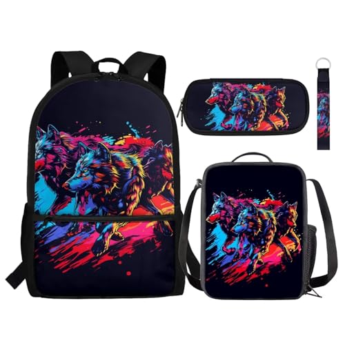 Set di 4 zaini per la scuola con contenitore per il pranzo astuccio per matite portachiavi zaino alla moda regalo per il rientro a Pittura Lupo Taglia unica Zaini Daypack