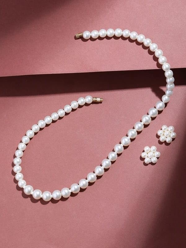 Fashion Jewelry Set with Pearl Necklace, Mint Scrunchie, Pink Beaded Bracelet, Floral Earrings and Hair Accessories