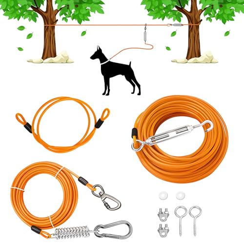 Cwlovys Heavy-Duty Dog Tie-Out Cable Runner System for Yard & Camping, 50/100/120ft with 10/15ft Pulley Line, Supports Dogs Up to 250lbs (Orange, 50FT)